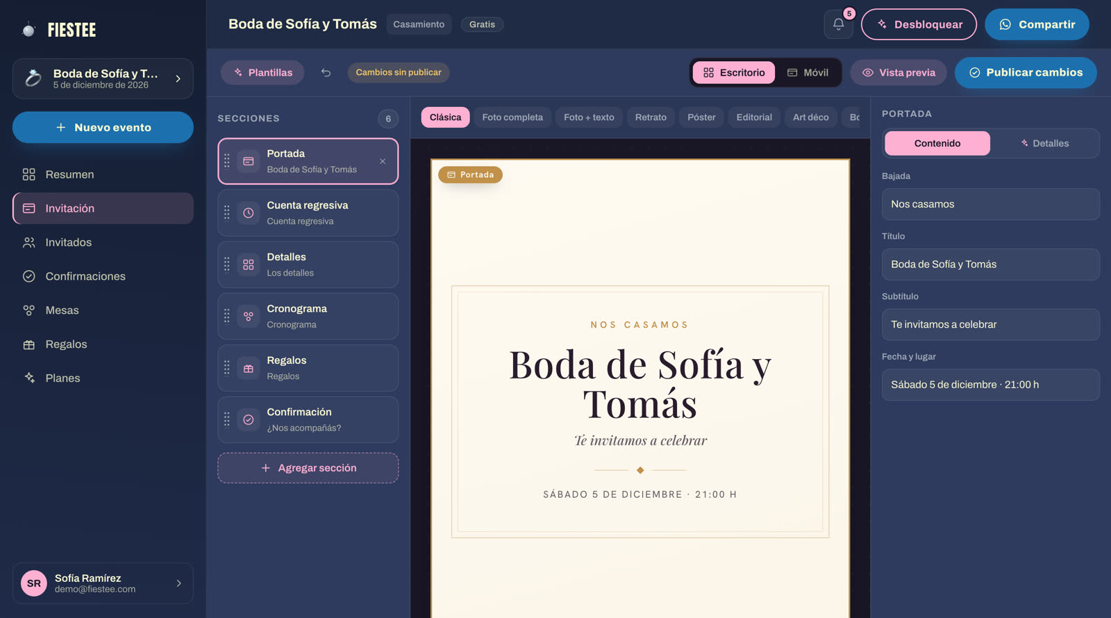 El editor de Fiestee con la invitación de una boda: secciones a la izquierda, vista previa en el centro y estilos a la derecha.