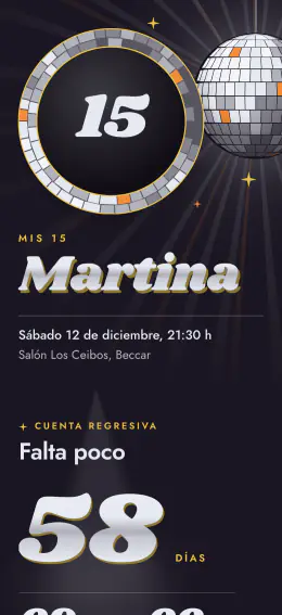 La invitación de Martina en Bola de espejos, combinación Mandarina: su portada con la bola de espejos, la fecha y el salón.